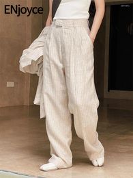 Women's Pants 2024 Summer Women Vintage Texture Linen Striped Korean Fashion Streetwear High Waist Wide Leg Loose Drape Casual Trousers