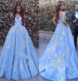 Light Sky Blue Ball Gown Evening Dresses Off Shoulder Appliques Lace Tulle Organza Backless Formal Evening Dress Prom Dress9576361