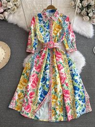 Party Dresses Bohemian Style Dress Women Lapel Short Sleeved Printed Floral Ladies Spring Summer Elegant Slim A-line Midi Robe