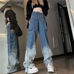 Women's Jeans Tie Dye Women Boyfriend Denim Pant Big Pocket Drawstring Techwear Long Baggy Streetwear Cargo Harajuku Y2k Cloth Kpop Punk