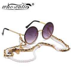 Vintage Round Sunglasses Women with Pearl Chain Accessory Luxury Brand Design Retro Gold Frame Sun Glasses Female Shades5012422