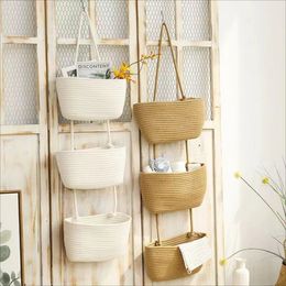 Wall Hanging Cotton Rope Woven Storage Basket Organiser 3 Tier Multipurpose for Home Bedroom Dormitory Toys Book Organisation 240415