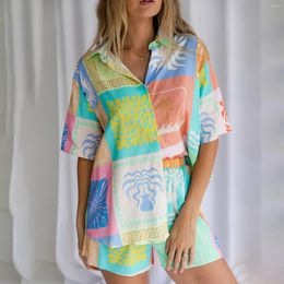 Women's Tracksuits Hirigin Lounge Set Tropical Print Lapel Neck Short Sleeve Button Down Shirt Elastic Waist Shorts Summer Outfit