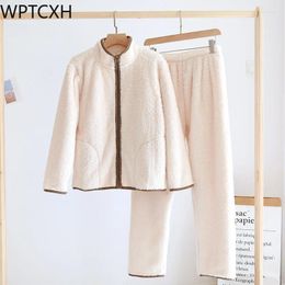 Women's Sleepwear WPTCXH Autumn Winter Flannel Ladies Plus Thick Keep Warm Loungewear Solid Colour Plush Home Wear Long Sleeve Trousers