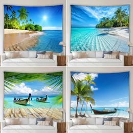 Tapestries Seaside Beach Tapestry 3D Ocean Nature Scenery Tropical Palm Tree Boat Garden Outdoor Art Modern Style Wall Hanging Screen