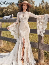 Bohemian Long Flare Sleeve Open Back Mermaid Wedding Dresses Illusion Appliques Lace Bridal Gowns Robe De Mariee