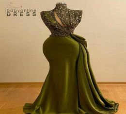 Gorgeous Olive Green Mermaid Prom Evneing Dresses Vintage High Neck Cap Sleeve Beads Appliques Ruffles Long Party Occasion Gowns B9649624