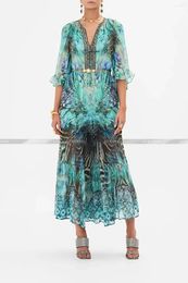 Party Dresses Women V Neck Heavy Beaded Flare Sleeve Blue Peacock Print Loose Maxi Long Silk Dress