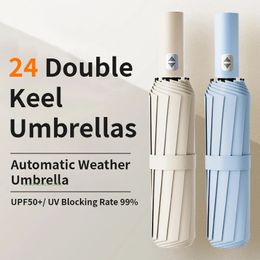 24 Bone Windproof antiUV Fully Automatic Large Umbrella 3 Folding Ribs Double Travel Rain Men Women Umbrellas UPF Gift 240420