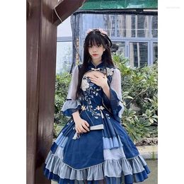 Party Dresses Chinese Style Han Hanfu Lolita Dress Women Vintage Blue Patchwork Middle Sleeve Elegant Flower Printed Princess