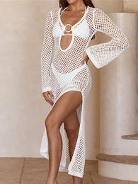 Sexy Hollow Out Long Sleeve Crochet Knitted Tunic Beach Cover Up Cover-ups Dress Wear Beachwear Female Women K5567