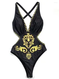 Women's Swimwear Vigoashely Sexy Black Print Women Vintage One Piece Swimsuit Female 2024 Bandage Monokini Deep V Bathing Suit Swim Wear