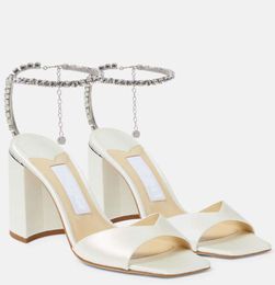 2024s Designer sandals Brider sandal White satin high heel block heeled Saeda sandal BH 85MM Crystal Embellishment strap summer designer dress pumps open toe