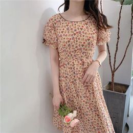 Party Dresses 2024 Summer Afternoon Rose Waist Closing Broken Flower Chiffon Dress Gentle Wind Thin Bubble Sleeve Long Skirt Women