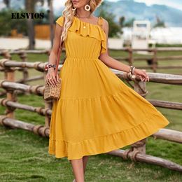 Casual Dresses 2024 Summer Diagonal Collar Ruffled Off Shoulder Dress Solid Color Sleeveless Mid Length Skirt Lady Sexy Vestidos