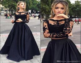 2019 Two Pieces Black Cheap Prom Dresses with Long Sleeves ALine Sexy Jewel Illusion Bodice Long Lace Evening Dress Party Formal 7712141