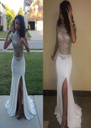 Gorgeous Shinning Beaded High Neck Prom Dresses 2k17 Cap Sleeve White Chiffon High Split Evening Gowns See Through Cocktail Party 1938104