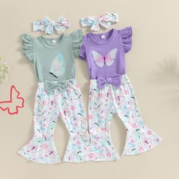 Clothing Sets Summer Infant Baby Girls Outfit Sleeve Print Romper Flare Pants And Headband Clothes Suit