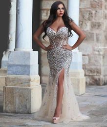 Dazzling Dresses Evening Wear Corset Fitted Beaded Rhinestone Exposed Boning See Through Champagne Women Mermaid Formal Party Prom9604598