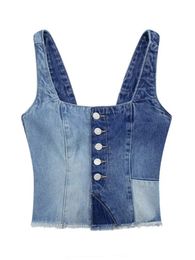 Women Fashion Front Button Patchwork Denim Tank Tops Sexy Backless Elastic Wide Straps Female Camis Mujer 240422