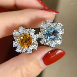 Cluster Rings Ring 925 Silver Natural Citrine Blue Topaz Luxury Square Wedding For Women Gemstone With Certificate 7x7mm