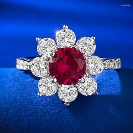 Cluster Rings SpringLady 925 Sterling Silver Round Cut 6.5MM Ruby High Carbon Diamond Gemstone Flower Ring For Women Wedding Party Jewellery