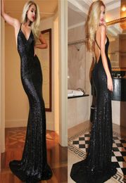 2019 Sexy Backless Black Sequined Evening Dresses Mermaid Style Long Criss Cross Back Plus Size Simple Formal Party Prom Gowns For7542665