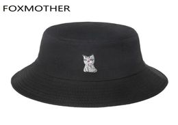 FOXMOTHER New Fashion Cute Black Pink Orange White Animal Cat Pattern Fishing Caps Gorras Casquette Bob Bucket Hats For Women7274563