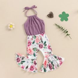 Clothing Sets Baby Girl Clothes Rib Knit Romper Floral Flare Pants Set Cute 2Pc Infant Girls Summer Outfits 0 6 12 18 24 Months