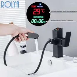 Bathroom Sink Faucets Intelligent Digital Display Pull Out Faucet Single Hole Basin Mix Tap Black Brass