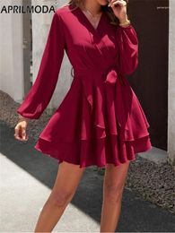 Casual Dresses Autumn Long Sleeve Retro Vintage Solid Ruffle Flare Dress Red Green Black Pink Elegant Bandage Office Runway Party Belted