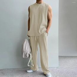 Men's Tracksuits Men Sports Suit Vest Pants Set Summer Tank Top Wide Leg With Drawstring Waist O-neck Long Trousers For