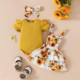 Clothing Sets Born Baby Girls Summer Outfit Short Sleeves Ribbed Rompers And Floral Suspender Skirt Headband 3 Piece Clothes Set