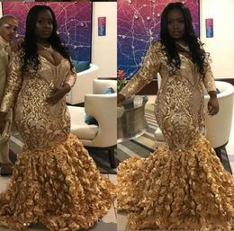 Gold Black Girls African Prom Dresses 2020 v neck Sequin Applique Long Sleeves Rose Floral Skirt Special Occasion Gowns Party Dres9812804