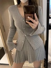 Work Dresses Autumn Grey Knitted Suit For Women Korean Slim Short Cardigan Top High Waist Fashion Skirt Outfit 2 Piece Set Chic