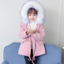 Down Coat Childrenswear 2024 Winter Style Girls Thick Mid-length Solid Colour Fur Collar Cotton Parka