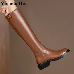 Boots Vichelo Cow Split Leather Equestrian Gladiator Winter Round Toe Metal Thick Med Heels Belt Buckle Knee-high L57