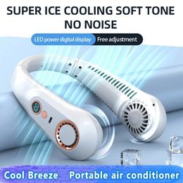Mini Hanging Neck Fan Portable Bladeless Neckband Fan Digital Display Power Air Cooler USB Rechargeable Electric Fans Summer 240423