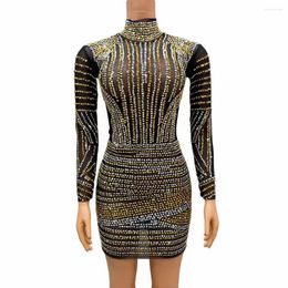 Stage Wear Sexy Silver Gold Fulll Rhinestones Luxury Dress Black Transparent Outfit Dance Nightclub Costume Party Poshoot