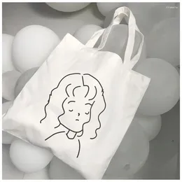Shopping Bags Korean Stick Figure Print Canvas Tote Bag Loose Hair Girl Shoulder For Women Cotton Cloth Shopper White Eco