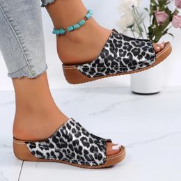 Slippers Shoes For Women 2024 Brand Leopard Print Women's Fashion Round Toe Casual Summer Wedge