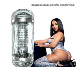 Dual channel Aircraft Cup Soft Transparent Vaginal Male Rotating Masturbation Adult Sex Toys2717022