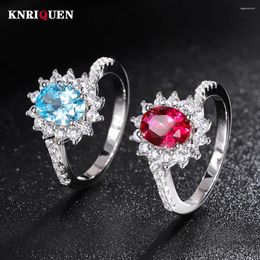 Cluster Rings Vintage 925 Real Silver 6 8mm Aquamarine Ruby For Women Gemstone Wedding Ring Cocktail Party Fine Jewelry Female Gift