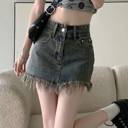 Skirts Harajuku Denim Mini Skirt Women 2024 Summer High Waist Jeans Shorts Ripped Fringe Tassel A-line