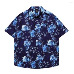 Men's Casual Shirts Vintage Unisex Men Hawaiian Shirt Hip Hop Blue Flower Plant Print Azure Beach Short Sleeve Women Y2k Aloha Thin Tops