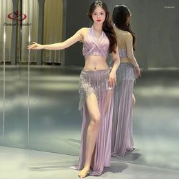 Stage Wear Belly Dance Costume Fairy Long Skirt Set Striped Lace Up Exposed Legs And Women's Training Performance Clothing