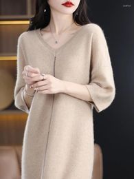 Party Dresses 2024 Fashion Women Dress Merino Wool Half-Sleeve V-Neck Long Sweater Spring Summer Over-The-Knee Large Size Knit
