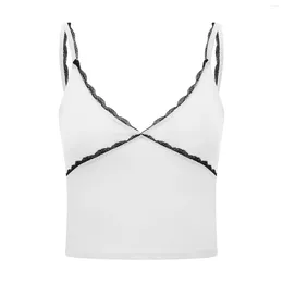 Women's Tanks Puloru Summer Spaghetti Strap Camis Tops Fashion Sleeveless Lace Trim V Neck Slip Cropped Vest Backless Cami