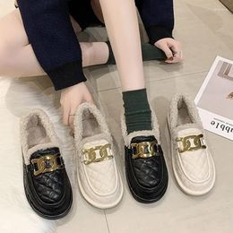 Casual Shoes Outside Winter Cotton Women Flats Woman Shearling Sneakers Slip On Warm Plush Loafers Metal Chain Fur Moccasins Femme 2024