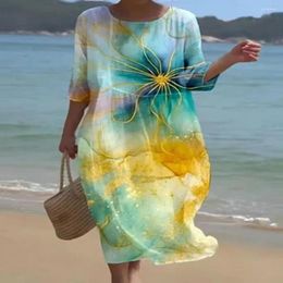 Casual Dresses Bohemian Floral Print Dress Loose Fit A-line Midi For Women Long Sleeve Pullover Vacation Beachwear